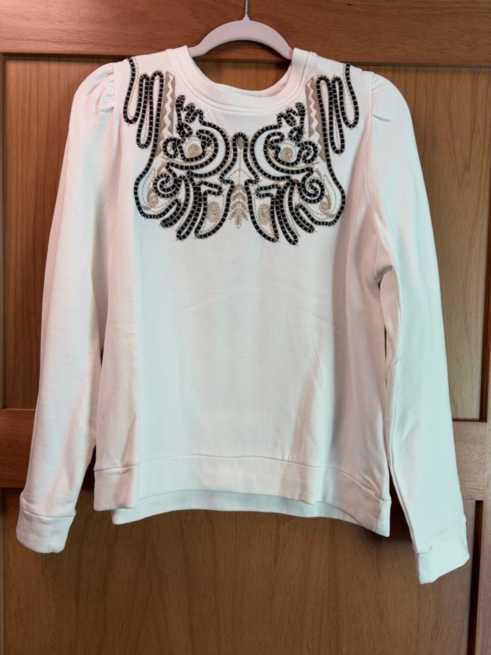 Embellished Cream Pullover Sweatshirt with Beaded Detail